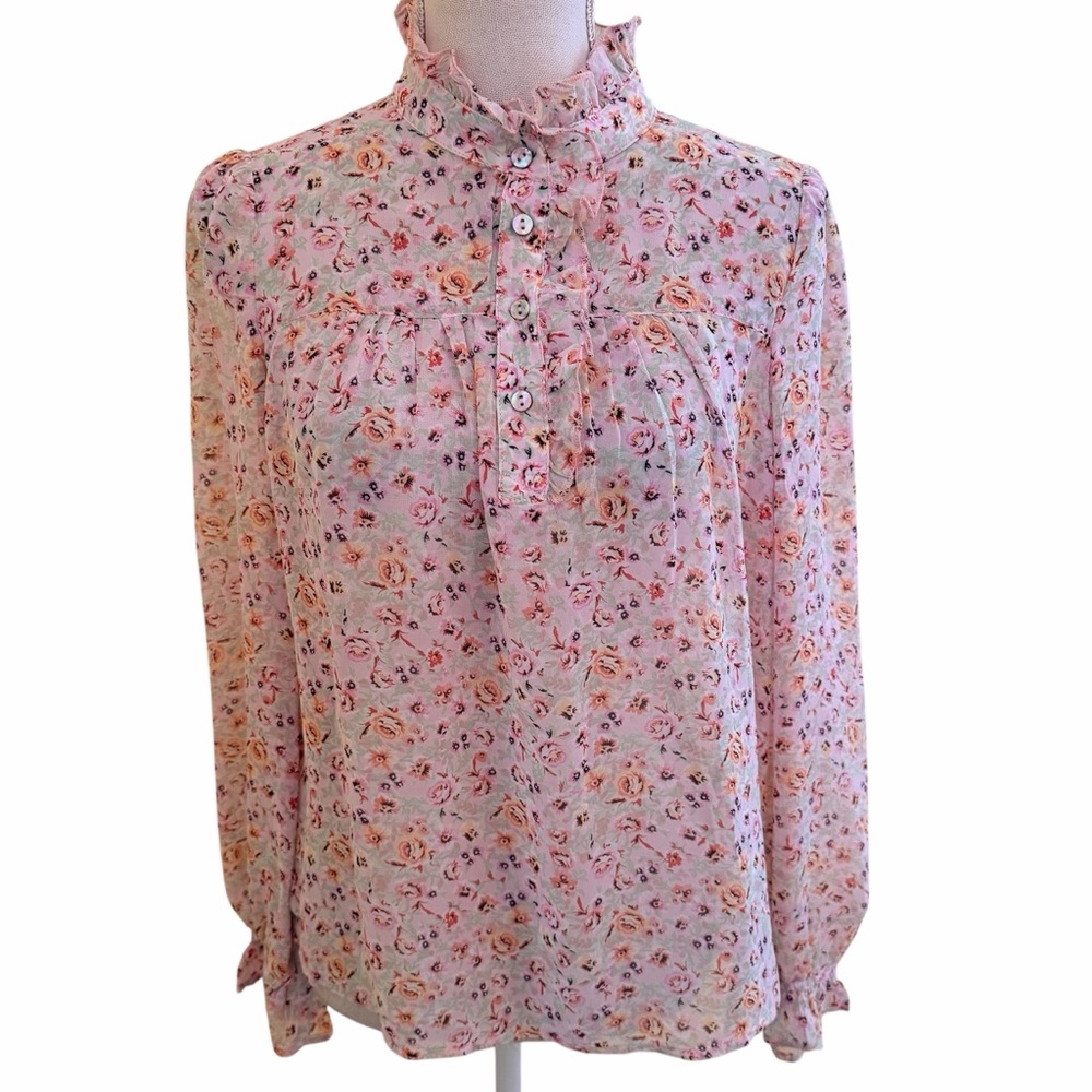 Listicle Green/Pink Watercolor Floral Ruffle Collar Blouse M
